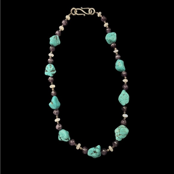 Large Chunky Genuine Turquoise Nugget, Amethyst, Moon Stone, 925 Necklace 24 in - Picture 1 of 8